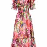 Rochie Midi din Chiffon Fluid Imprimat Floral cu Volane Cascadi și Talie Smocked / Fagure