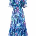 Rochie Midi din Chiffon Fluid Imprimat Tropical-Botanical în Tonuri de Albastru și Magenta cu Volane Cascadi și Talie Smocked / Fagure