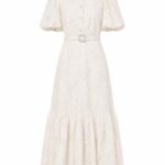 Rochie Midi Cămașă Crem-Ivoriu din Broderie Anglaise cu Motive Fluturi, Mâneci Bufante și Curea cu Cataramă Bijuterie