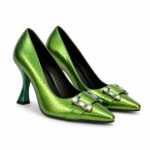 Pantofi Stiletto Verde-Smarald Metalizat cu Textură de Șarpe, Toc Arhitectural și Balamală-Cataramă Bijuterie