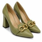 Pantofi Stiletto Verde-Măsliniu Belem Muzi din Piele Nappa cu Lanț Metalic Auriu Chunky și Toc Masiv Bloc