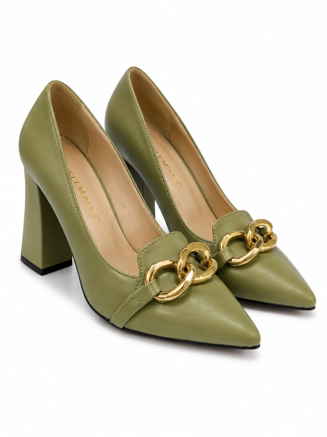 WhatsApp Image 2026-09-10 at 23.45.28 (5) Pantofi Stiletto Verde-Măsliniu Belem Muzi din Piele Nappa cu Lanț Metalic Auriu Chunky și Toc Masiv Bloc - imagine 1