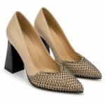 Pantofi Stiletto Nude-Bej Belem Muzi din Piele Nappa cu Plasă Perforată Încrustată cu Cristale și Toc Masiv Sculptural Negru