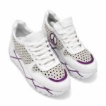 Sneakers Alb-Imaculat din Piele cu Panouri Plasa Perforată, Accente Violet Glitter și Simbol Păcii Sculptat