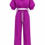 Compleu Coordonat Rinascimento Magenta/Fuchsia din Două Piese: Cămașă Cropped cu Mâneci Bufante și Pantaloni Wide-Leg cu Snur