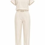 Compleu Elegant Rinascimento Crem-Ivoriu din Două Piese: Bluză cu Mâneci Structurate și Pantaloni Țigaretă cu Curea