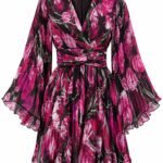 Rochie Scurtă Rinascimento din Chiffon Plisat cu Imprimeu Floral Fuchsia, Mâneci Clopot și Tiv Tip Balon