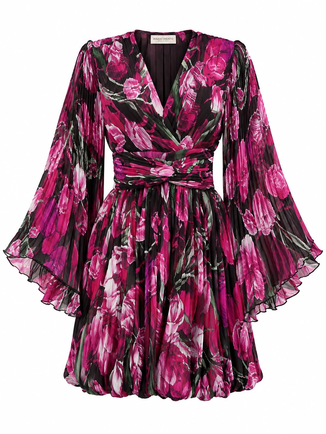 WhatsApp Image 2026-09-11 at 03.05.28 (3) Rochie Scurtă Rinascimento din Chiffon Plisat cu Imprimeu Floral Fuchsia, Mâneci Clopot și Tiv Tip Balon - imagine 1