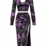 Compleu Coordonat Negru-Violet din Două Piese: Bluză Cropped cu Guler, Decupaj Ochi de Pisică și Fustă Midi Drapată cu Șpalt Lateral