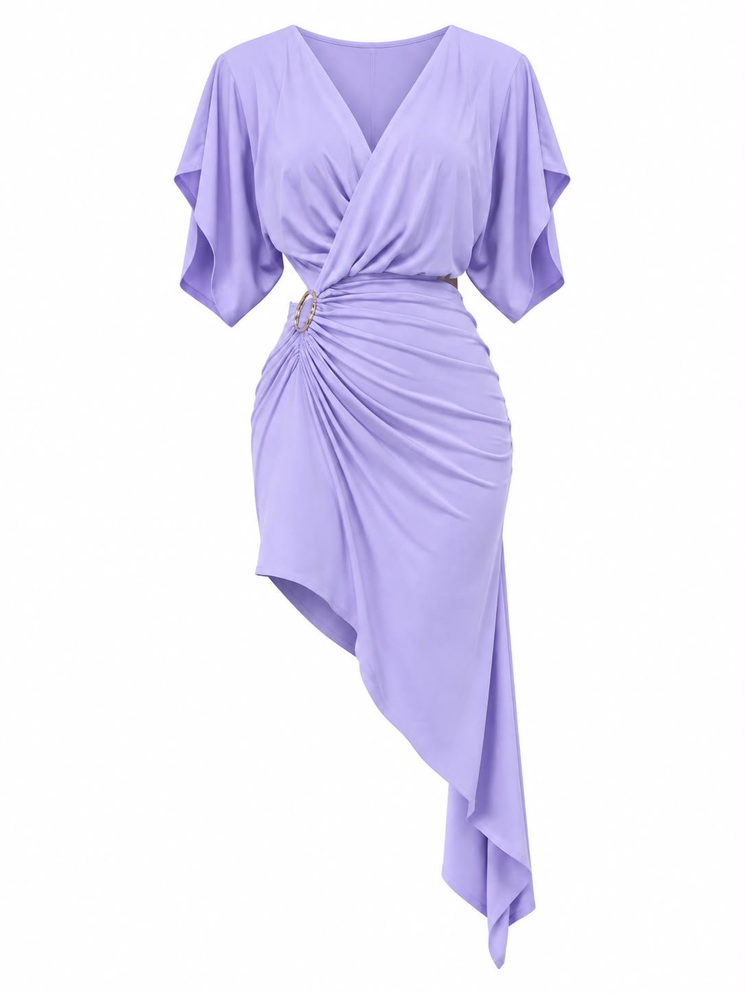 WhatsApp Image 2026-09-11 at 03.05.30 (1) Rochie Scurtă Mov-Lila din Jersey Fluid cu Decupaje Laterale, Inel Auriu Metallic și Tiv Asimetric în Cascadă - imagine 1