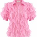 Cămașă Roz-Pudrat/Bubblegum din Organza cu Volane Cascado și Mâneci Bufante