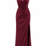 Rochie Lungă Bordo/Burgundy din Satin Mătăsos Drapat cu Decolteu Petrecut în V, Bretele Fine și Șpalt Central Seducător