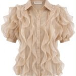 Cămașă Beige-Auriu / Warm Sand din Organza cu Volane Cascadă și Mâneci Bufante