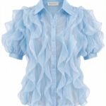 Cămașă  Albastru-Pudră / Sky Blue din Organza cu Volane Cascadă și Mâneci Bufante