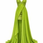 Rochie Lungă Verde-Limeta din Dantelă Brodată și Voal Fluid cu Bustieră Corset, Rochie Mini Interioară și Trenă Scenica Hi-Lo