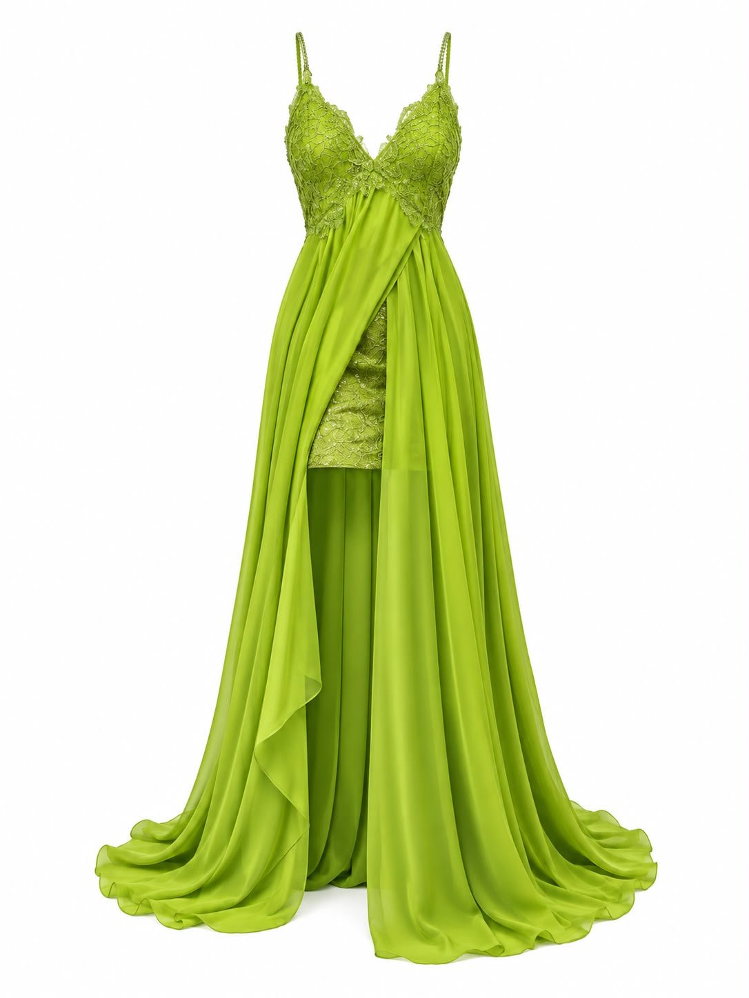 WhatsApp Image 2026-09-12 at 00.18.30 Rochie Lungă Verde-Limeta din Dantelă Brodată și Voal Fluid cu Bustieră Corset, Rochie Mini Interioară și Trenă Scenica Hi-Lo - imagine 1