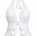 Top Halter Alb-Imaculat din Poplin Drapa de Bumbac cu Decolteu Generos în V, Baretă Centrală și Peplum Sculptural Stratificat