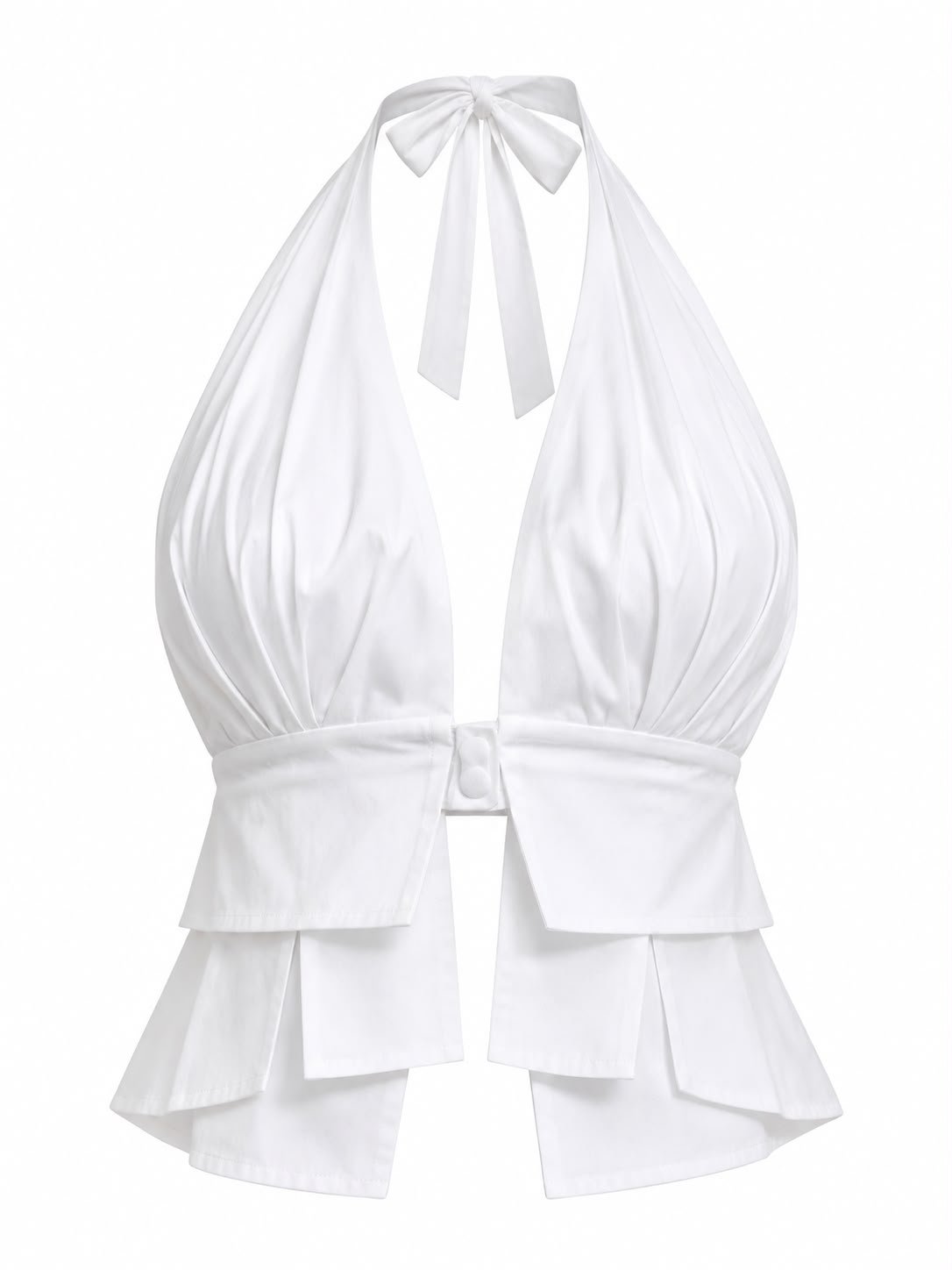 WhatsApp Image 2026-09-12 at 00.46.46 Top Halter Alb-Imaculat din Poplin Drapa de Bumbac cu Decolteu Generos în V, Baretă Centrală și Peplum Sculptural Stratificat - imagine 1