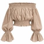 Top Bardot Bej-Nude din Broderie Anglaise cu Decolteu Pe Umeri, Talie Elastică Încrețită și Mâneci Bufante cu Volane