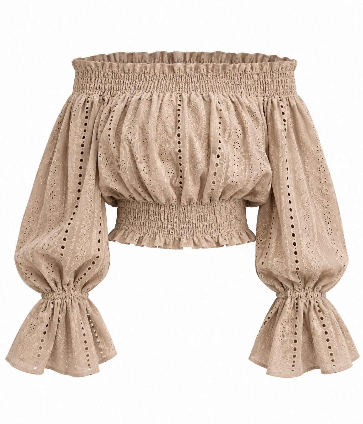 WhatsApp Image 2026-09-12 at 00.46.47 Top Bardot Bej-Nude din Broderie Anglaise cu Decolteu Pe Umeri, Talie Elastică Încrețită și Mâneci Bufante cu Volane - imagine 1