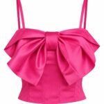 Top Corset Fuchsia-Incandescent din Satin Duchesse cu Fundă Sculpturală Oversized și Bretele Subțiri