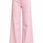 Pantaloni din Denim Roz-Pudrat cu Talie Înaltă și Croială Wide-Leg / Palazzo