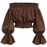 Top Bardot Maro-Ciocolată din Broderie Anglaise cu Decolteu Pe Umeri, Talie Elastică Încrețită și Mâneci Bufante cu Volane