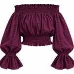 Top Bardot Vișiniu/Burgundy din Broderie Anglaise cu Decolteu Pe Umeri, Talie Elastică Încrețită și Mâneci Bufante cu Volane