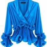 Bluză Verda Albastru-Cerulean din Satin Fluid cu Decolteu Petrecut în V, Peplum Plisat Sculptural și Manșete Clopot Plisate