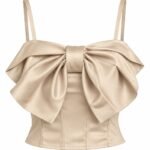 Top Corset Nude-Șampanie din Satin Duchesse cu Fundă Sculpturală Oversized și Bretele Subțiri