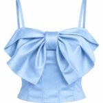 Top Corset Albastru-Seren din Satin Duchesse cu Fundă Sculpturală Oversized și Bretele Subțiri