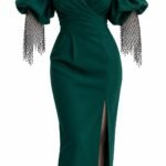 Rochie Midi Verde-Smarald din Crep Drapata cu Decolteu Inimă, Mâneci Bufante și Plase Detașabile din Mărgele Cristaline