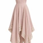 Rochie Midi Roz-Pudrat din In cu Tăietură Asimetrică în Colțuri și Bordură Brodată din Dantelă Lace Trim