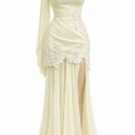 Rochie Lungă de Gala Crem-Ivoriu cu Corset Asimetric, Aplicații Florale 3D Brodate cu Mărgele și Fustă Asimetrică din Șifon cu Șlit