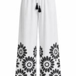 Pantaloni Wide-Leg Alb-Imaculat din In cu Broderie Florală Neagră Traforată, Talie Elastică și Ciucuri Decorativi