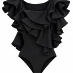 Body Sculptural Negru-Abanos din Satin Fluid cu Volane Múltiple în Cascade Asimetrice