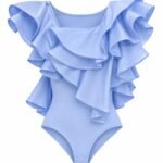 Body Sculptural Albastru-Seren din Satin Fluid cu Volane Múltiple în Cascade Asimetrice