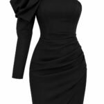 Rochie Scurtă Negru-Abanos Asimetrică pe un Umăr cu Mânăcă Lungă, Volan Sculptural Drapata și Fustă Lalea Drapata