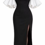 Rochie Midi Bicoloră Negru-Alb din Crep Structurat cu Decolteu Inimă, Bordură Albă Contrastantă și Mâneci Bufante Off-The-Shoulder