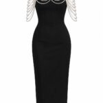 Rochie Midi Negru-Abanos din Crep Structurat cu Corset Strapless și Ham Sculptural Detașabil din Șiraguri de Perle