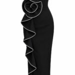 Rochie Lungă/Midi Negru-Abanos Strapless din Crep cu Floare 3D Sculpturală și Volan Drapat Conturat cu Micro-Perle