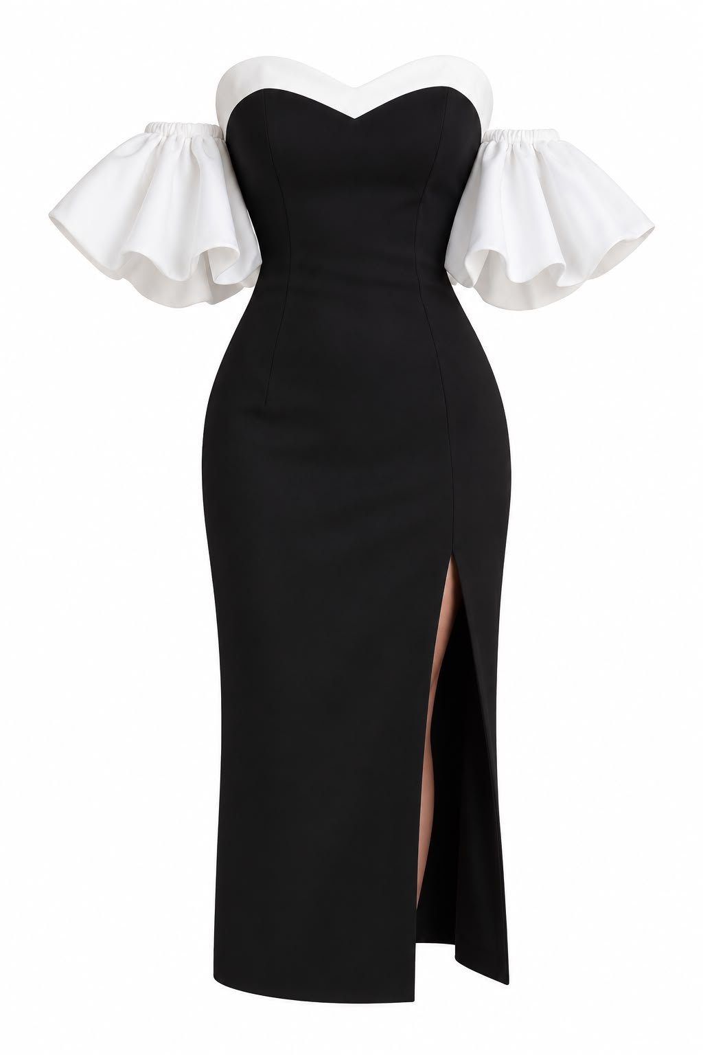 WhatsApp Image 2026-09-12 at 02.15.31 Rochie Midi Bicoloră Negru-Alb din Crep Structurat cu Decolteu Inimă, Bordură Albă Contrastantă și Mâneci Bufante Off-The-Shoulder - imagine 1