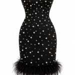 Rochie Scurtă Negru-Abanos Strapless din Crep Structurat Brodată cu Perle și Bordură din Pene de Struț