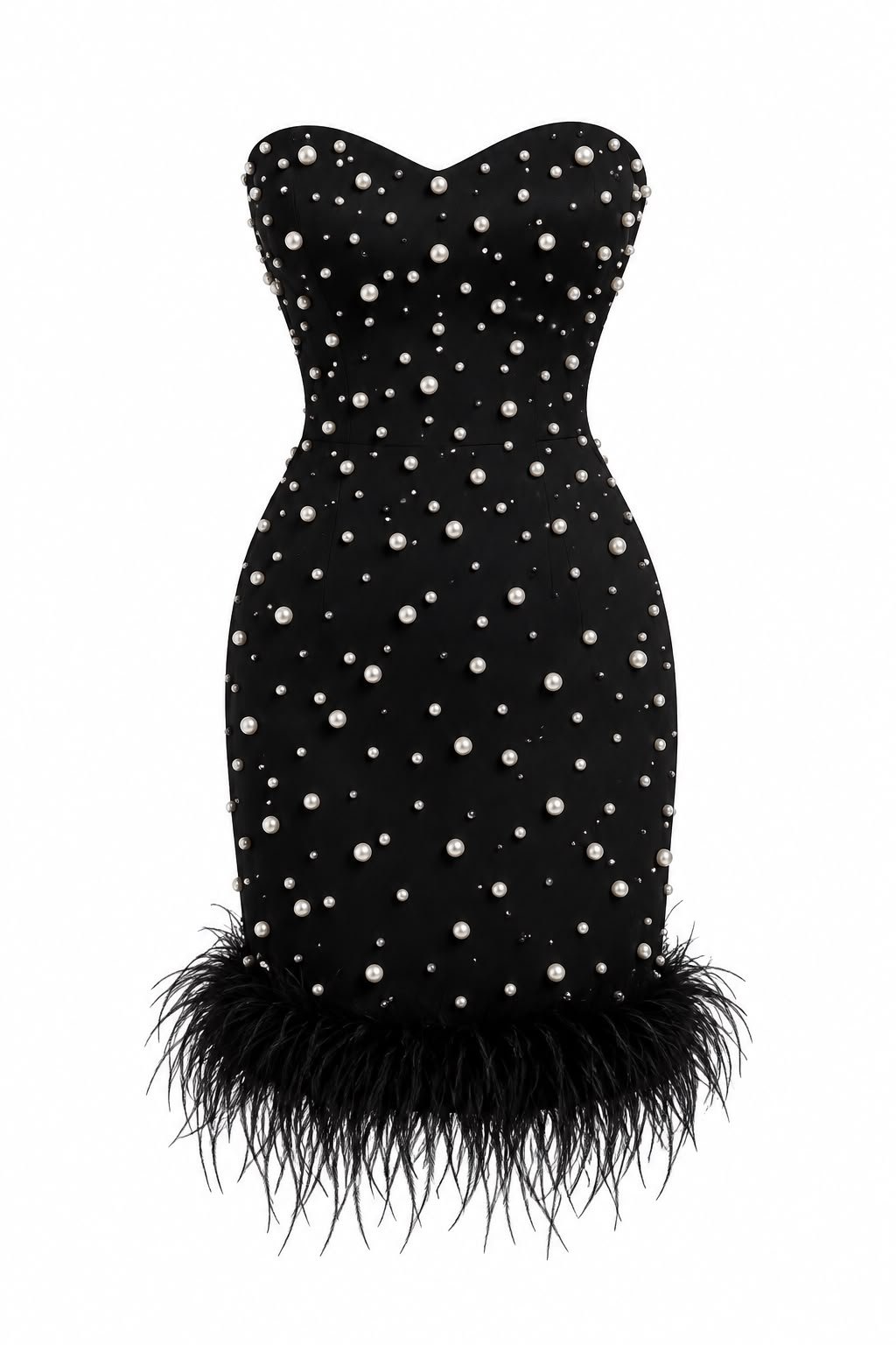 WhatsApp Image 2026-09-12 at 02.54.29 Rochie Scurtă Negru-Abanos Strapless din Crep Structurat Brodată cu Perle și Bordură din Pene de Struț - imagine 1