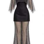 Rochie Lungă Negru-Abanos din Crep Structurat și Plasă Transparentă cu Inserții de Cristale Sclipitoare