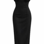 Rochie Midi Negru-Abanos Strapless din Crep Structurat cu Cupe Drapate, Volane Delicate și Bordură din Cristale