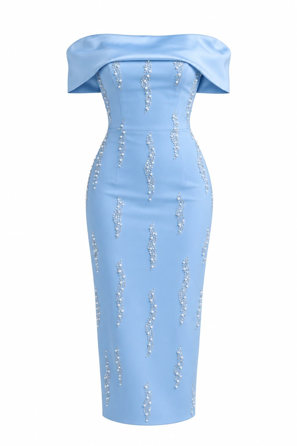 WhatsApp Image 2026-09-12 at 03.13.15 Rochie Midi Albastru-Seren din Crep Structurat cu Banderolă Off-The-Shoulder Drapata din Satin și Broderie Verticală din Perle și Cristale - imagine 1