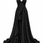 Rochie Lungă Negru-Abanos cu Bustieră din Dantelă Brodată cu Mărgele, Rochie Mini Integrată și Suprapunere Dinamică din Șifon