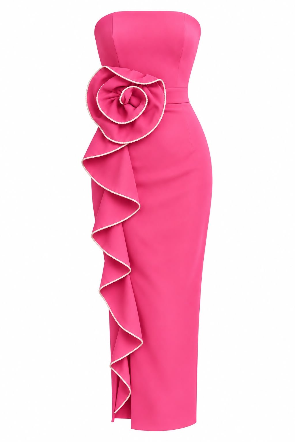 WhatsApp Image 2026-09-12 at 03.50.14 Rochie Lungă/Midi Roz-Magenta Strapless din Crep cu Floare 3D Sculpturală și Volan Drapat Conturat cu Micro-Perle - imagine 1