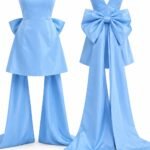 Rochie Scurtă Albastru-Seren din Satin Duchesse cu Decolteu în V, Bretele Labe și Fundă Arhitecturală Masivă la Spate cu Trente Lungi